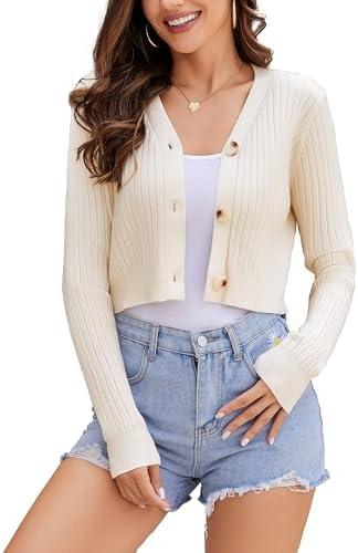 Women's Long Sleeve Cropped Cardigan Sweaters V Neck Solid Button Down Knit Bolero Shrugs Size S