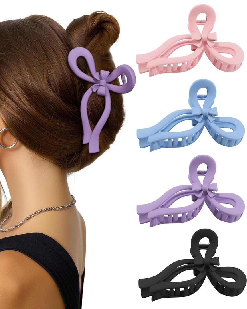 4 PCS Bow Hair Clips for Women Bow Claw Clip 5" Large Hair Claw Clips for Thick and Long Hair Cute Bows Jaw Clip (5" - Blue + Purple + Pink +Black, 5" Extra Large) (1 Count (Pack of 4))