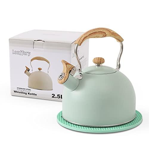 LONFFERY Tea Kettle for Stove Top, 2.5 Quart Whistling Tea Kettle, with Food Grade Stainless Steel and Wood Pattern Folding Handle, Turquoise