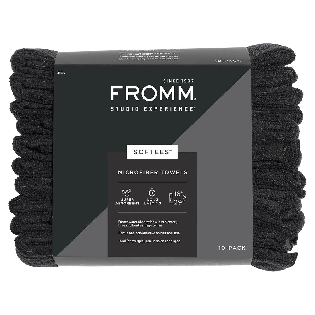 Fromm Softees Microfiber Hair Towels, Absorbent Salon Hair Towels for Hairstylists, Barbers, Spa & Gym, Fast-Drying, Ultra-Soft, Lint-Free, Multi-Purpose Towels, 16" x 29"- 10-Pack - Black