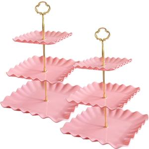 2 Pack of Plastic Square Dessert Cupcake Stand, 3 Tier Cup Cake Holder Tower for Tea Party/Birthday/Wedding, Plastic Tiered Serving Tray (Pink)