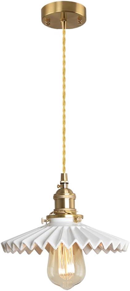 White Ceramic Pendant Light Fixture with On/Off Switch, Pleated Chandelier Design with E26 Socket, for Kitchen Island, Dining Room, and Hallway 7.87 Inch Diam