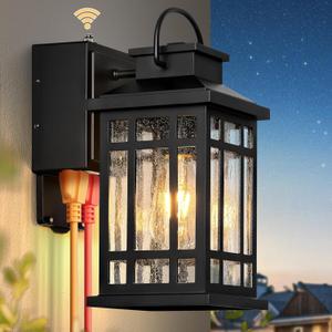 Exterior Lighting Fixtures with GFCI Outlet, Black Dusk to Dawn Outdoor Lights with Bubble Glass, Anti-Rust Outside Wall Sconce Lantern for Garage Coach, Patio Wall Light Fixture with Outlet