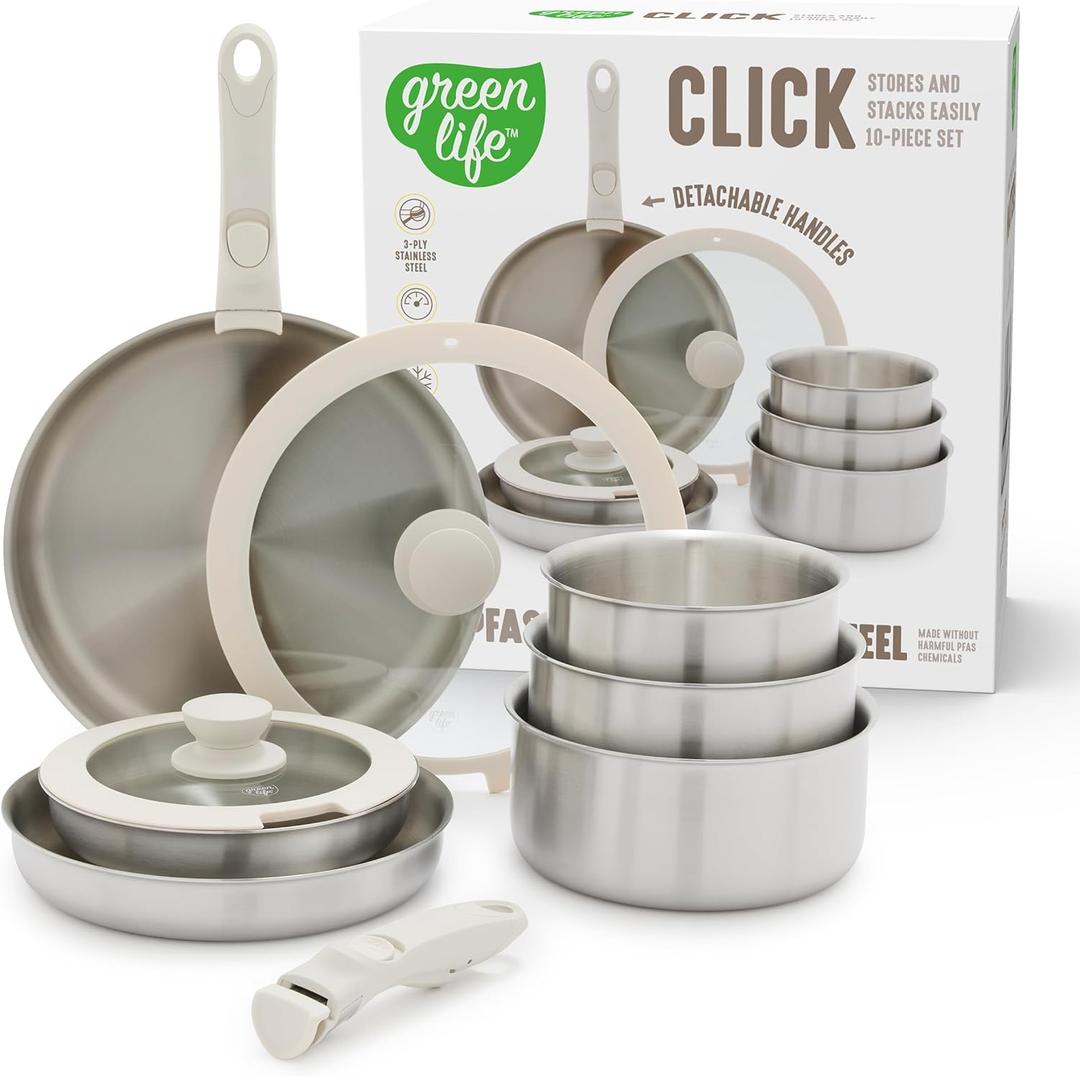 GreenLife 10 Piece Stainless Steel Pots and Pans, Detachable & Stackable Kitchen Set, Tri Ply Clad PFAS Free Cookware, Space Saving with Removable Handle, Induction & Oven Safe, RV Cookware, Glass Lid (Silver)