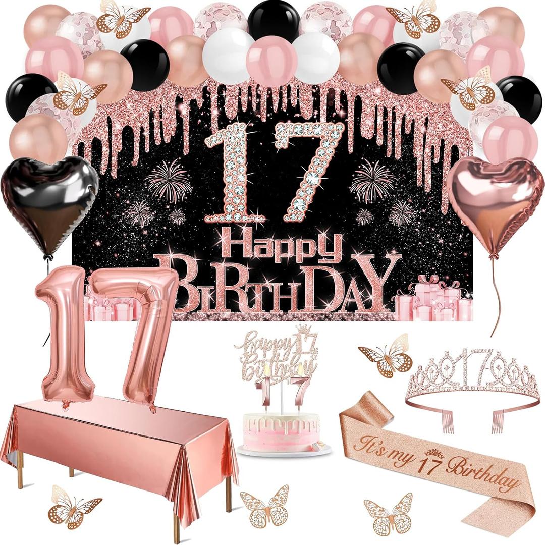 17th Birthday Decorations for Girls, 49pcs Black Rose Gold Black Banner, Tablecloth, Butterfly Decor, 17th Birthday Sash and Tiara, Cake Topper, Candles, Balloons Arch