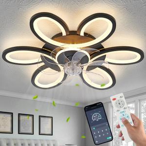 Black-Star Ring Ceiling Fans with Lights and Remote, 27 Inch Modern Low Profile Flush Mount Ceiling Fan, Dimmable LED Ceiling Light Fixture, Small Ceiling Fans for Bedroom, Kitchen, Indoor-Black