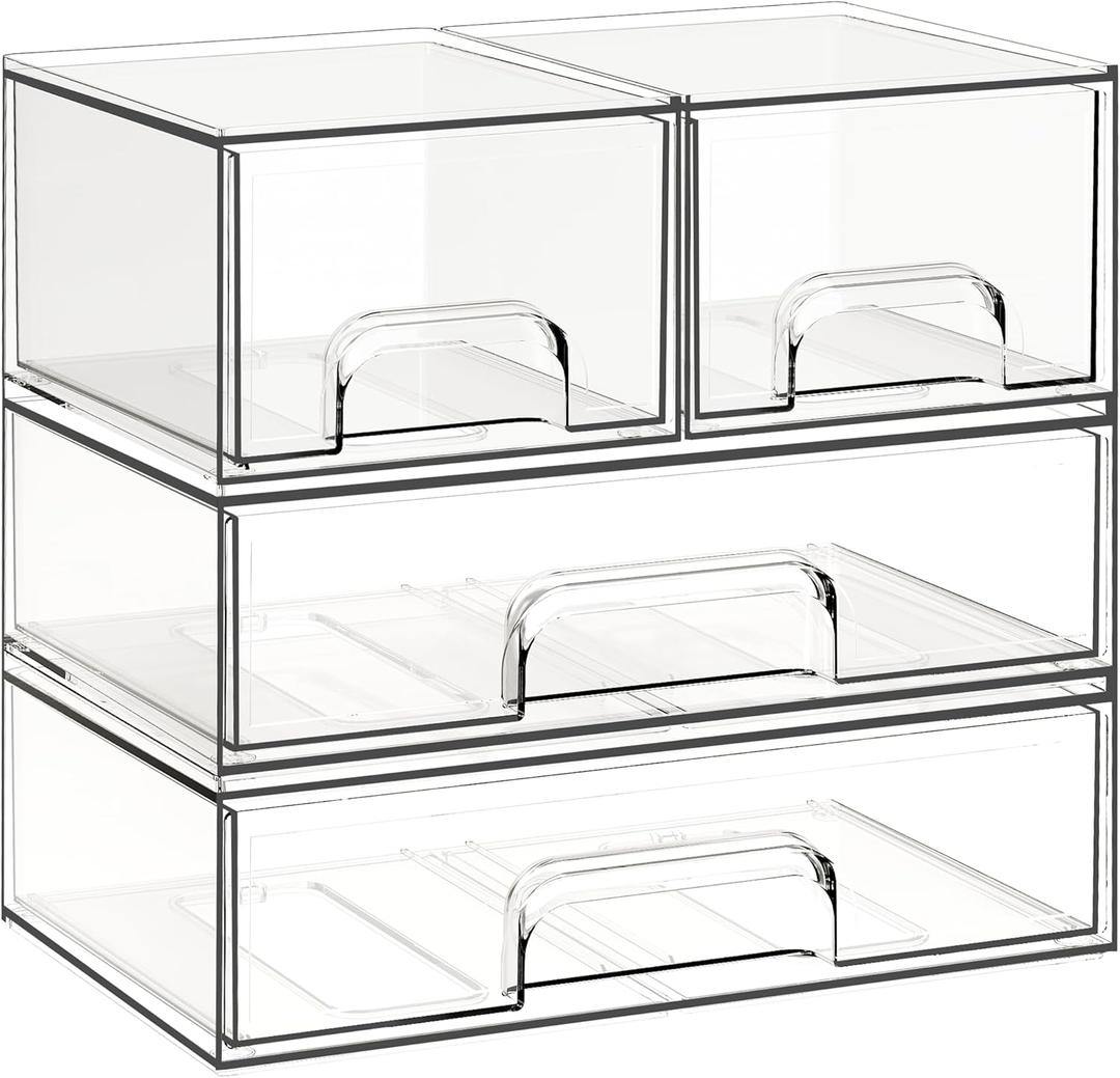 Criusia Stackable Storage Drawers, 4 Pack Clear Plastic Makeup & Bathroom Organizer, Versatile Storage Bins for Vanity, Under Sink, Kitchen Cabinets & Pantry