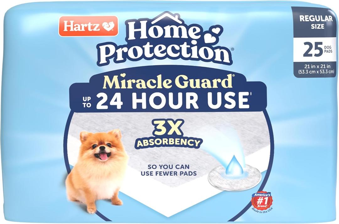 New! Hartz Home Protection Miracle Guard USA Made Dog Pads, Regular Size 25 Count, 3X Absorbency & 3X Longer use, Won't Leak and Odor Eliminating (Regular (25 Count))