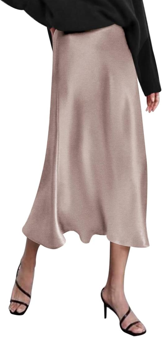 Zeagoo Skirts for Women High Waist Skirt Elegant Midi Skirt Satin (Medium, Light Khaki)