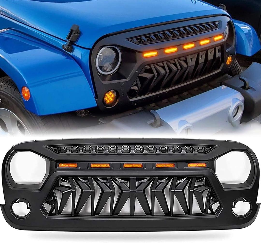 Grill Compatible with The Following Models:Jeep Wrangler 2007-2018 JK JKU Shark Grille Accessories Matte Black with 5 Amber Lights Including Unlimited Rubicon Sahara Sport