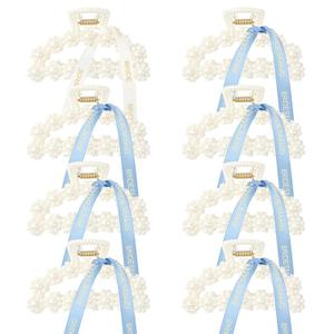 DEEKA Bridesmaid Proposal Gifts 8 Pack Pearl Bridesmaid Hair Claw Clips with Ribbon 3 Inch Hair Clips Bachelorette Party Favors Bridal Party Present Hair Accessories (Half Circle White & Blue)