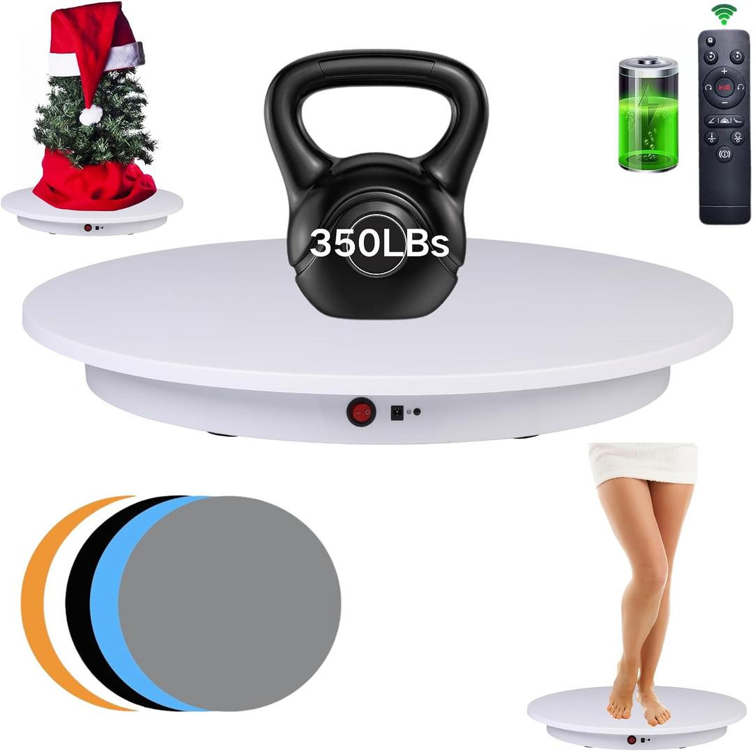 JAYEGT Motorized Rotating Display Stand350Lbs Load 360 Degree Electric Rotating Turntable for Photography Products DisplayLive Show,Remote Control +5 Colors Backgrounds (White/23.6Inch /Rechargeable)