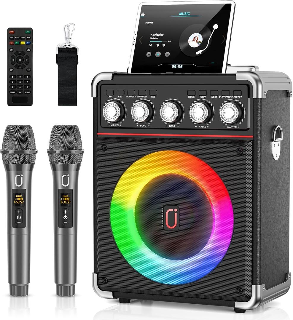 Karaoke Machine with 2 Microphones: HWWR Portable Karaoke Machine for Adults Kids, Bluetooth 5.3 Party Speaker with Bass/Treble Adjustment, PA System Remote/DJ Lights, Support REC/USB/AUX