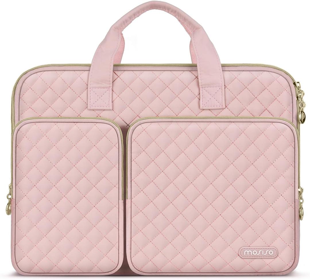 MOSISO 360 Protective Laptop Case 13 inch, 13 inch Laptop Sleeve Compatible with MacBook Air M4 M3 M2 M1 2025-2018/Pro M2 M1 2025-2016,Square Quilted Bag Cover with 2 Pockets & Handle & Belt, Chalk Pink