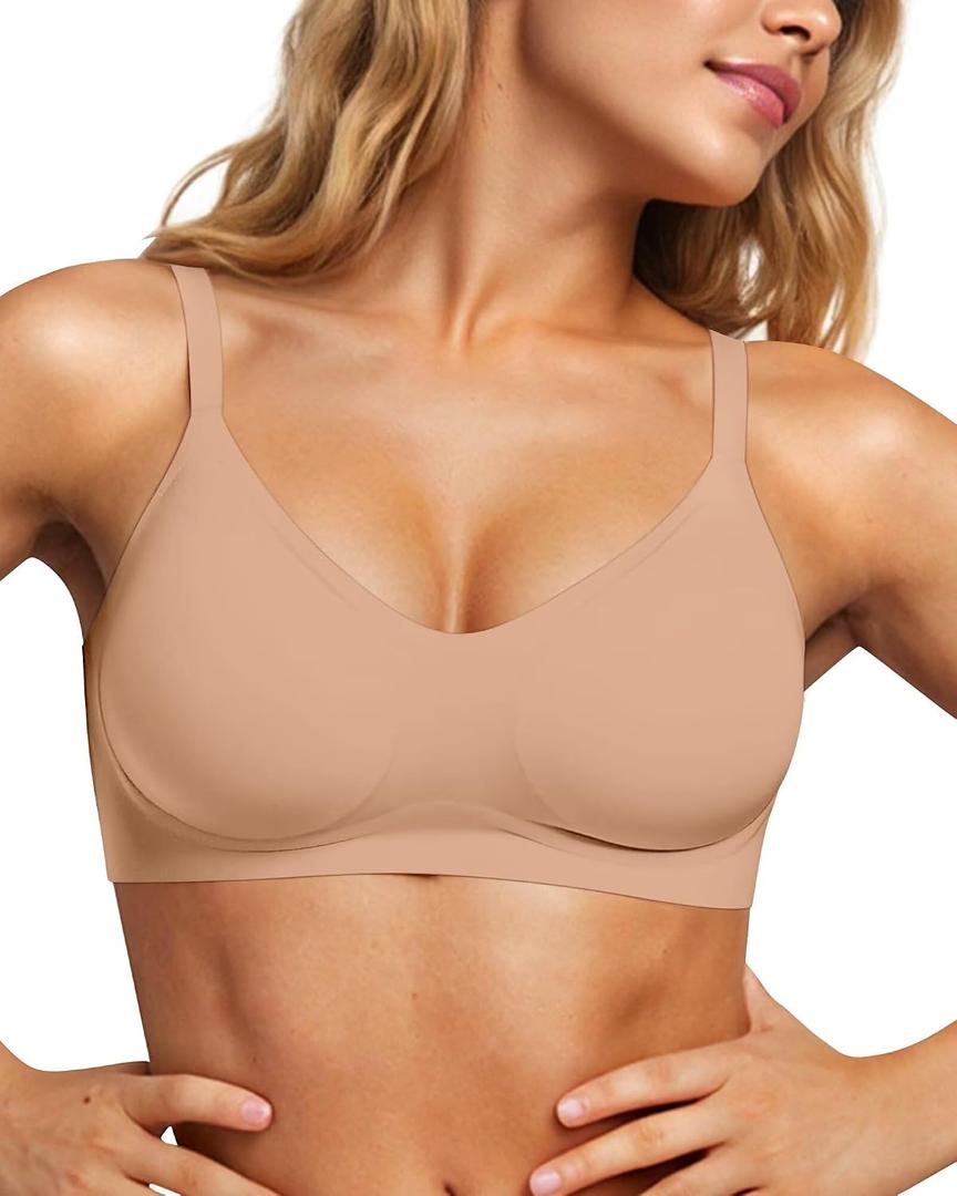 Vertvie Womens Seamless Jelly Bras No Underwire Comfort Push Up Bras Buttery Soft Wireless Bralette Full Coverage Sports Bra (Beige, L)