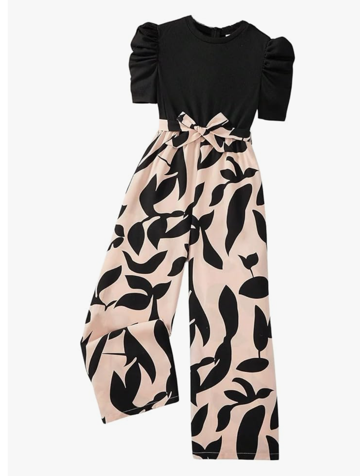 WDIRARA Girls's Casual Graphic Puff Sleeve Bow Belted Wide Leg Jumpsuit
, Size -11Y