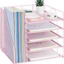 LEKETREE Desk Organizers and Accessories, 5-Tier Paper Letter Tray Organizer with File Holder, Desktop Organizer for Office Supplies (Pink)
