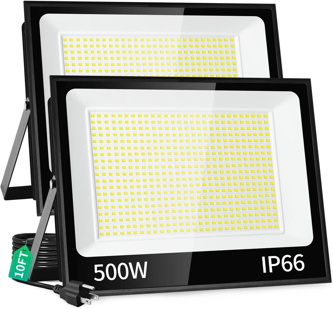 500W LED Flood Light Outdoor with Plug+10ft Cable, 60000LM Ultra Brighter 5000K Exterior Security Light, IP66 Waterproof Commercial Lighting for Sports Fields Counts Arena Stadium(2 Pack)