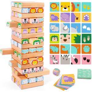 Nene Toys Wooden Block Stacking Game 4-in-1 Tumble Tower Family Board Game with Building Blocks, Cards and Dice African Safari Educational Wooden Toy for Kids 3-9 Years Old About Animals