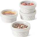 LE TAUCI Ramekins with Lids, 4 oz Ramikin Set for Creme brulee, Souffle, Dipping Sauces, Ceramic Food Storage Containers Great for leftovers - 3.8 inch, Set of 4, Arctic White