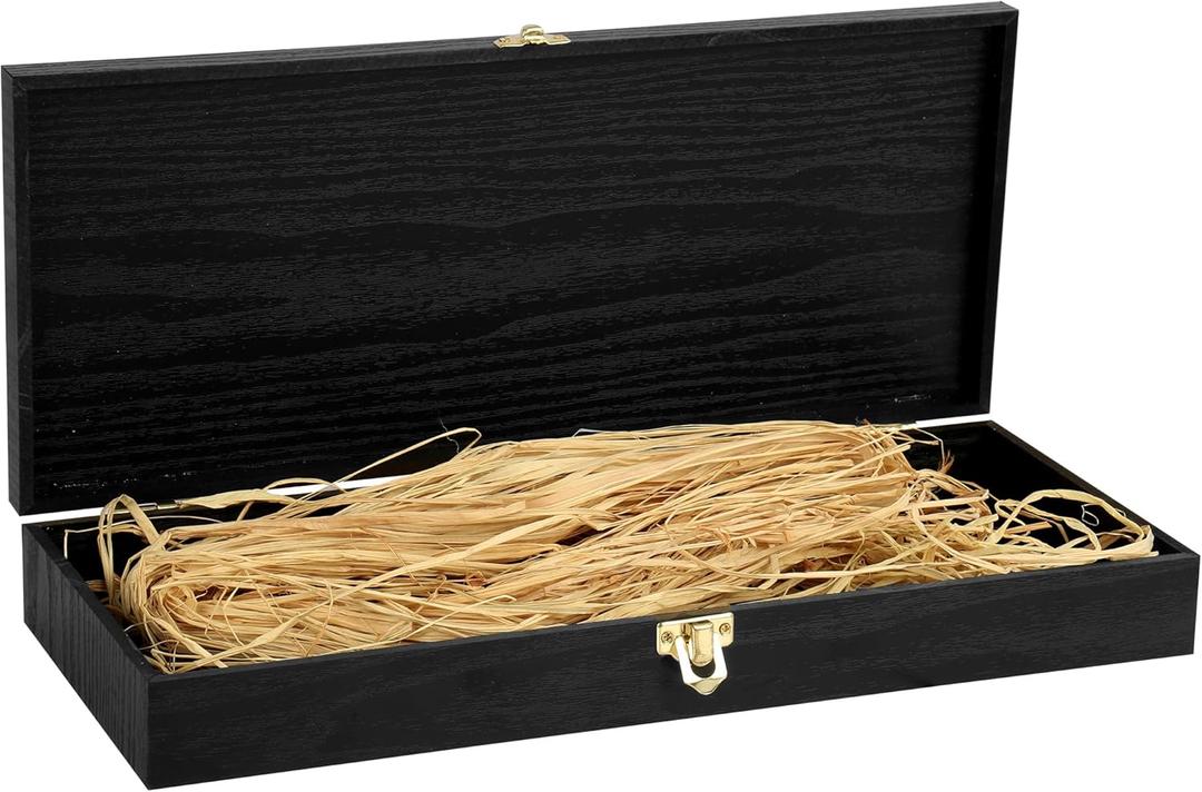 XYJ Wooden Box Storage with Hinged Lid, Raffia Straw, Rectangular Wood Box, Kitchen Storage, Black Keepsake Treasure Box Container for Knives, Photos, Jewelry, Crafts (14.2 * 5.9 * 2)