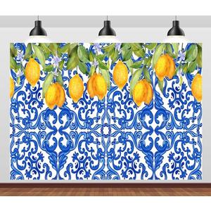 BELECO 7x5ft Fabric Blue Tiles Lemon Backdrop Lemon Party Decorations Watercolor Lemon Fruit Birthday Background Summer Mediterranean Amalfi Coast Decorations Italian Party Banner Photo Props