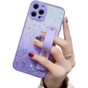 iduater Strap Case for 6.7" iPhone 14 Pro Max with Wristband Kickstand, Bling Glitter Sparkle Clear Cover Soft TPU Bumper Adjustable Hand Grip Loop for iPhone 14 Pro Max 6.7 Inch, Lavender Purple