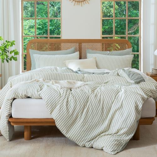 TISPLR Striped Duvet Cover King Washed Microfiber Jacquard 3 Pieces Bedding Set, White Grayish Green Vertical Ticking Stripes Pattern Comforter Cover with Zipper Closure Breathable Durable Soft Comfy,Grayish Green (No Comforter), King