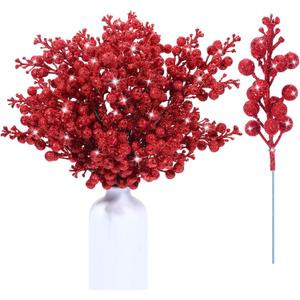 Geosar 36 Pcs Christmas Glittered Berries Stems 7.9 Inch Artificial Berries Sprays Branches Floral Pick for Christmas Tree Ornament, DIY Xmas Wreath, Crafts, Home Decor(Red,Pure Color)