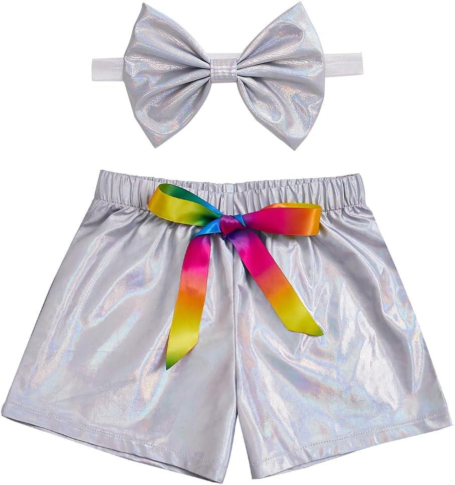 Baby Girls Metallic Shorts Sparkle Shiny Toddler Shorts PU Faux Leather Elastic Waist with Cute Headbands (8 Years, Metallic Rainbow Silver)
