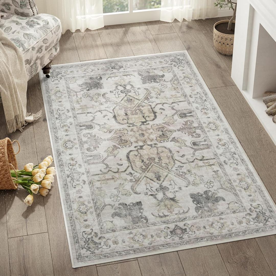 jinchan 3x5 Machine Washable Area Rugs for Entryway - Distressed Vintage Floral Ultra-Thin Low-Pile Soft Non-Shedding Indoor Floor Carpet for Kitchen Bedroom Entrance Laundry Living Room(3x5ft, Taupe)