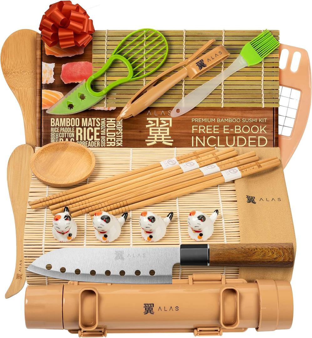 Alas Complete 20 Piece Sushi Making Set - Kit for Beginners & Pros with Knife, 2 Mats, Rice Bazooka and Dipping Plate (Brown)