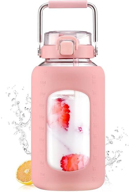 84oz Glass Water Bottle with Stainless Steel Handle,2.5L Gallon Water Bottle with 2-IN-1 Straw Lid, Silicone Sleeve and Motivational Capacity Marker, Wide Mouth Water Jug For Gym, Workout, Pink