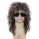 morvally Men’s Women 80s Rocker Mullet Wig with Glasses and Necklace Long Brown Curly Glam Rock-Rockstar Wig for Halloween Cosplay Costume Party (Brown highlights Silver)