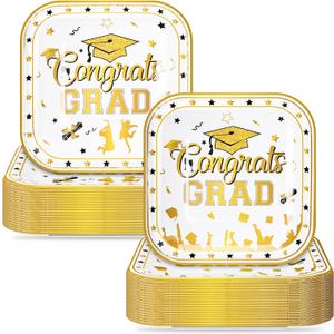 SiliFine White and Gold 100 Pcs 2026 Graduation Small Paper Plates 7 Inch Cake Dessert Plates Bulk Graduation Decoration Disposable Dinnerware for Congrats Grad Party Favors Supplies