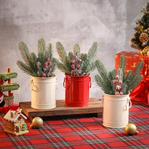 Christmas Centerpieces for Tables, 3 Pack Mini Christmas Artificial Pine Tree with Berries in Metal Pots, Farmhouse Winter Tabletop Xmas Decorations for Home, Mantel Red