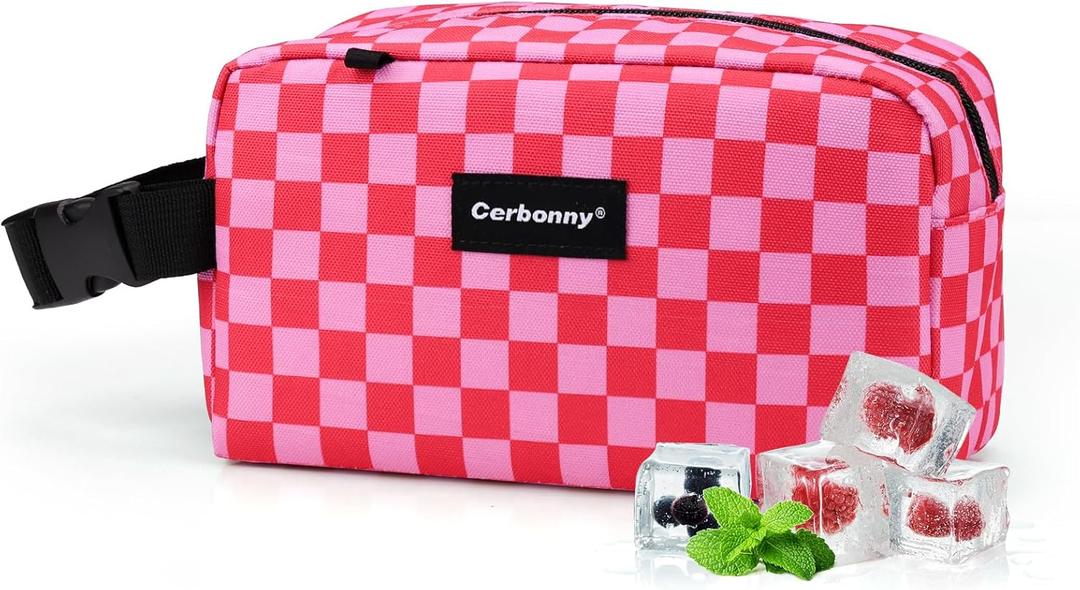 Freezable Lunch Bag,Freezable Snack Bag,Mini Cooler Bag for Travel/Work/School,Small Insulated Bag,Small Cooler Lunch Box with Ice Packs,Insulated Snack Bag,Freezable Snack Box with Handle Buckle (Pink Checkerboard)