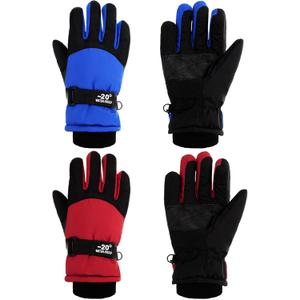 SATINIOR 2 Pairs Kids Waterproof Winter Snow Gloves Ski Gloves for Boy Girl Outdoor Warm Thickening Snowboar (8-12 Years, Red, Blue)