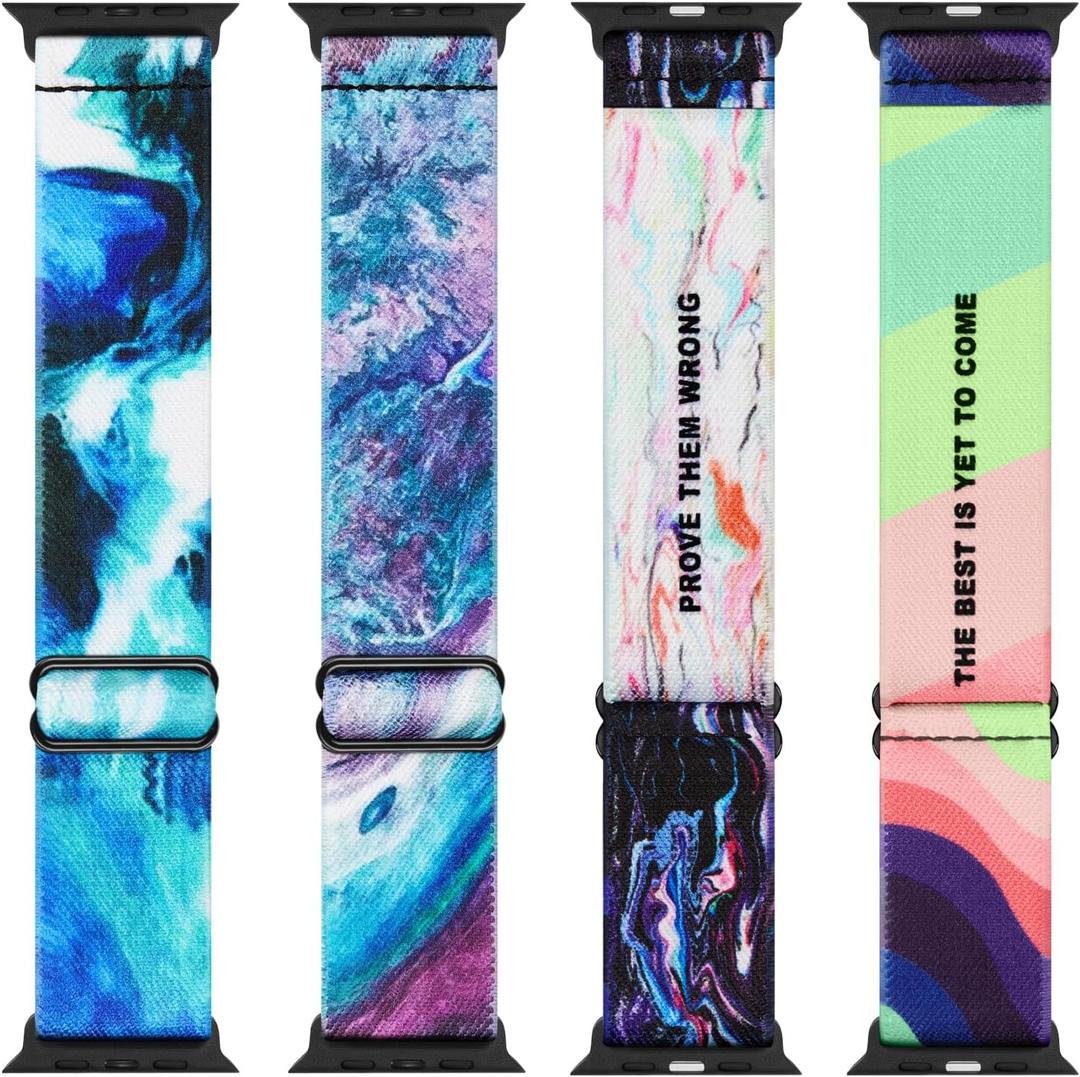 4 Pack Stretchy Solo Loop Compatible with Apple Watch Band 38mm 40mm 41mm 42mm 44mm 45mm 46mm 49mm Women Men, Sport Nylon Elastic Straps Braided Wristbands for iWatch Series 10 9 8 7 6 5 4 3 Ultra SE (Motivational Artwork)