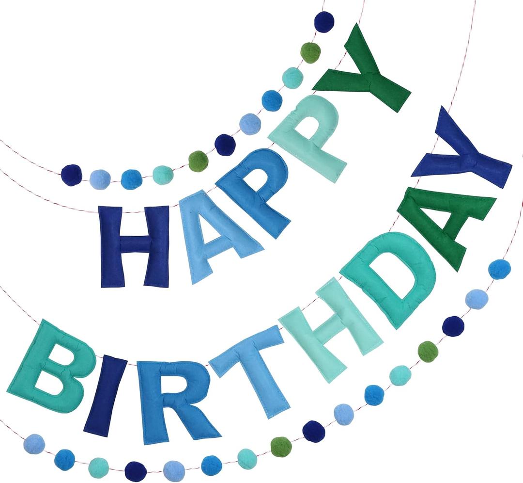 2 PCS Pre-Strung 3D Felt Happy Birthday Banner - Reusable Blue and Green Happy Birthday Decorations Sign, Handmade Wool Felt Ball Garland, Pom Pom Garland, Party Decor, Photo Prop