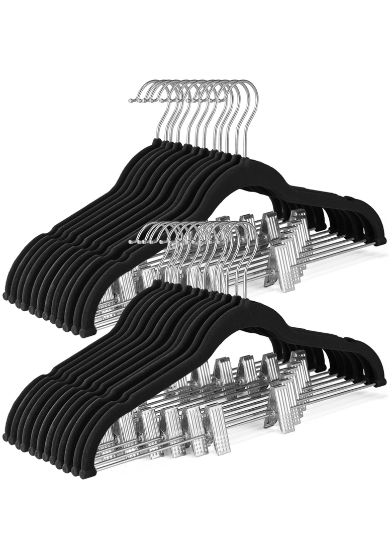 HOUSE DAY Velvet Skirt Hangers 24 Pack, Black Velvet Pant Hangers with Adjustable Clips, Space Saving Slim Shorts Hanger, Heavy Duty Non Slip Clip Hanger for Pants, Skirts, Shorts