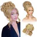 REECHO Messy Bun Hair Piece with Bangs - 2-in-1 Hair Bun Hairpieces Curly Updo Wig & Hair Topper with Long Side Bangs Natural-Looking Drawstring Ponytail Extension for Women - Honey Blonde