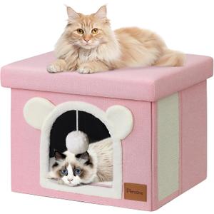 Covered Cat House Cat Bed for Indoor Cats Multifunctional Living Room Footstool Kitty Condo with Double-Sided Mat and Cat Scratching Board (Pink, Footstool)