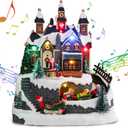 Bshine Christmas Village Houses Musical Christmas Village Building with Santa Claus&Moving Train Battery Operate Polyresin Figurines with LED Lights for Indoor Christmas Decor