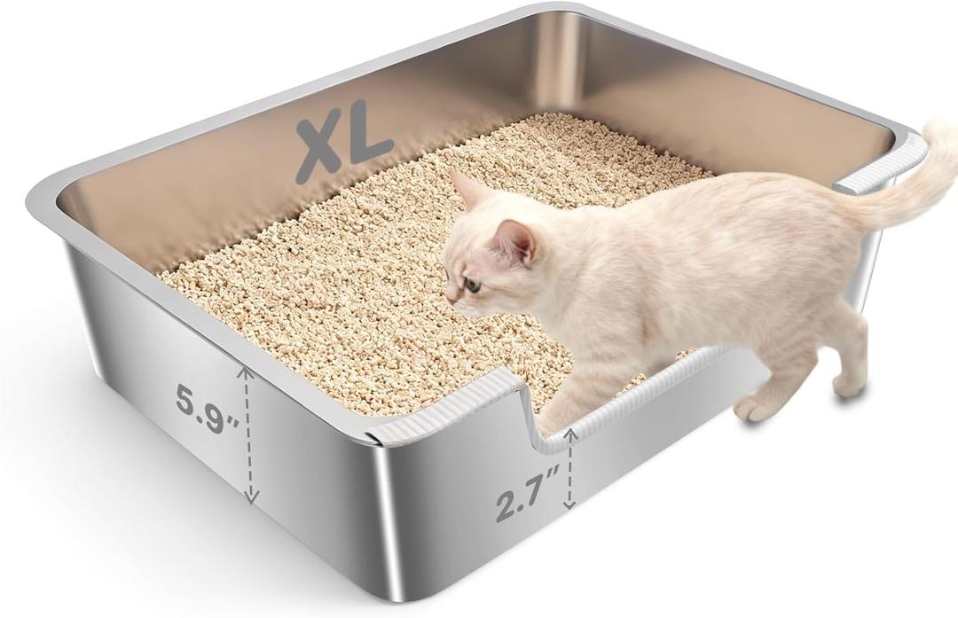 Low Entry Litter Box for Senior Kittens Disabled Cats - Stainless Steel High Sided Enclosed Easy Step in Entry - Large Metal Kitty Litter Box Easy to Clean(23.6x15.7x5.9)
