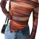 PRETTYGARDEN Womens Fall Trendy Off Shoulder Y2k Tops 2025 Tie Dye Mesh Long Sleeve Shirts Asymmetrical Ruched Floral Blouse (Floral Brown, X-Large)