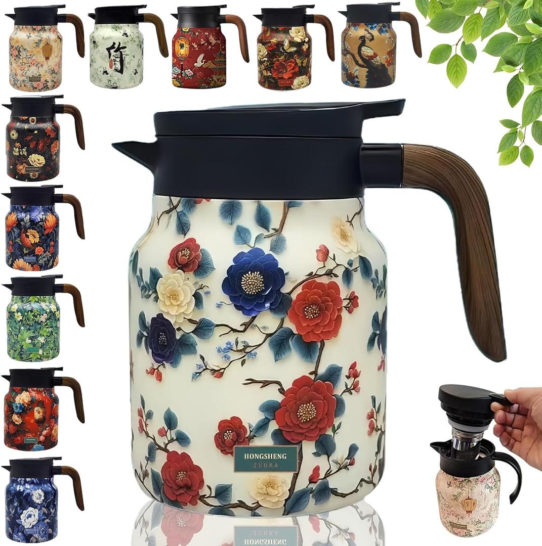 Doresty Tea Pot,Vintage Floral Pattern Tea Pot – Built-In Infuser,Raidley Vintage Floral Pattern Pot,Stainless steel insulated kettle (1000ml)