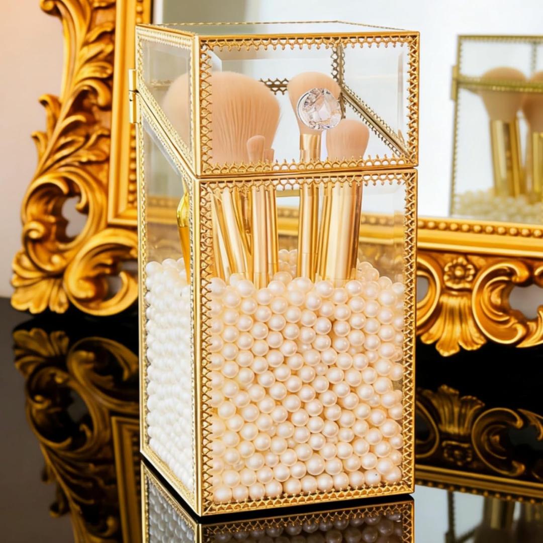 Pumtus Makeup Brush Holder Organizer with Lid, Glass Cosmetic Make Up Brushes Container, Clear Makeup Tool Storage Box Cup with Pearls, Vintage Dustproof Vanity Decor for Countertop Desktop