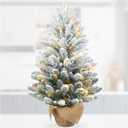 3ft Flocked Prelit Christmas Tree with 60 LED Lights & 8 Lighting Modes, Small Battery Powered Tabletop Xmas Tree for Indoor Holiday Dcor, Mini Artificial Snow Tree with Burlap Base