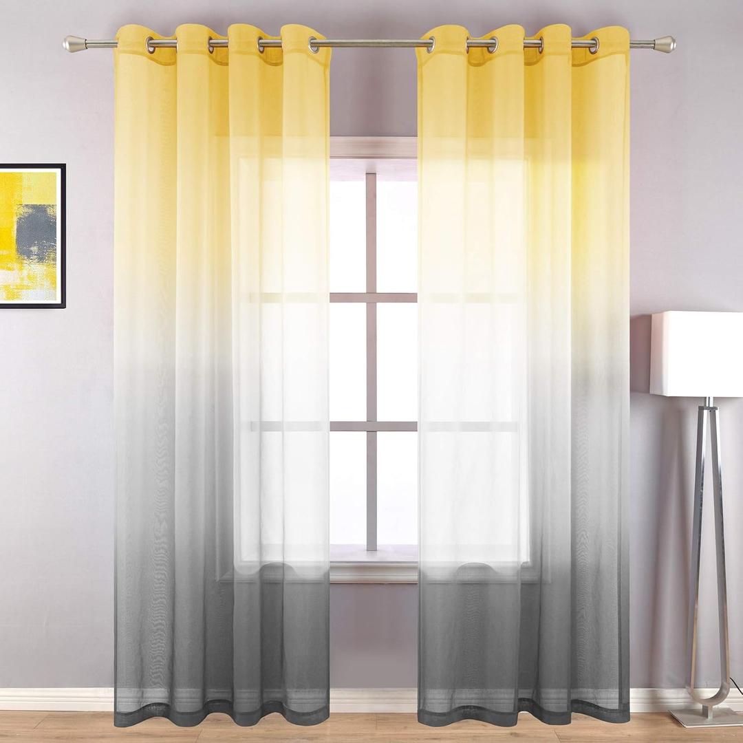KOUFALL Yellow Sheer Curtains 84 Inches Long for Living Room,Summer Decor Window Grommet Ombre Printed Pattern Curtains for Bedroom Dining Room 84 Inch Length 2 Panels Set,Yellow and Grey